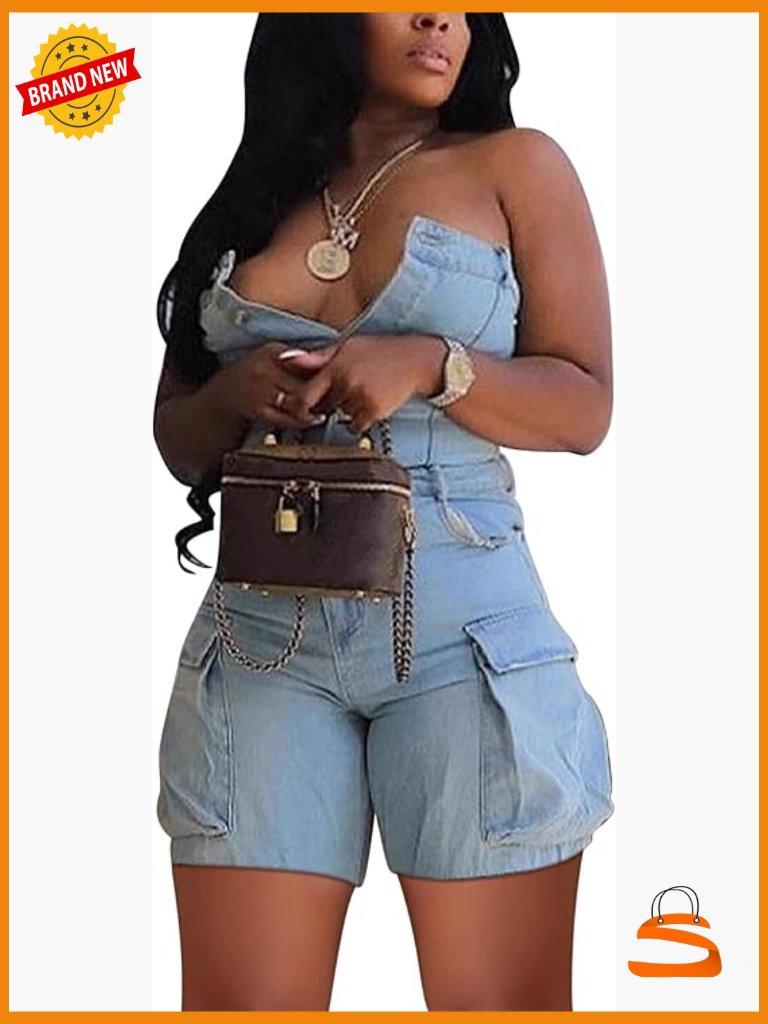 Sleeveless Denim Cargo Romper Jumpsuit Summer Clubwear Stretchy Shorts